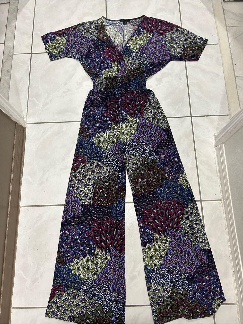 5th & Love Multicolor Parsley Print Short-Sleeve Wide-Leg Jumpsuit Elastic Waist